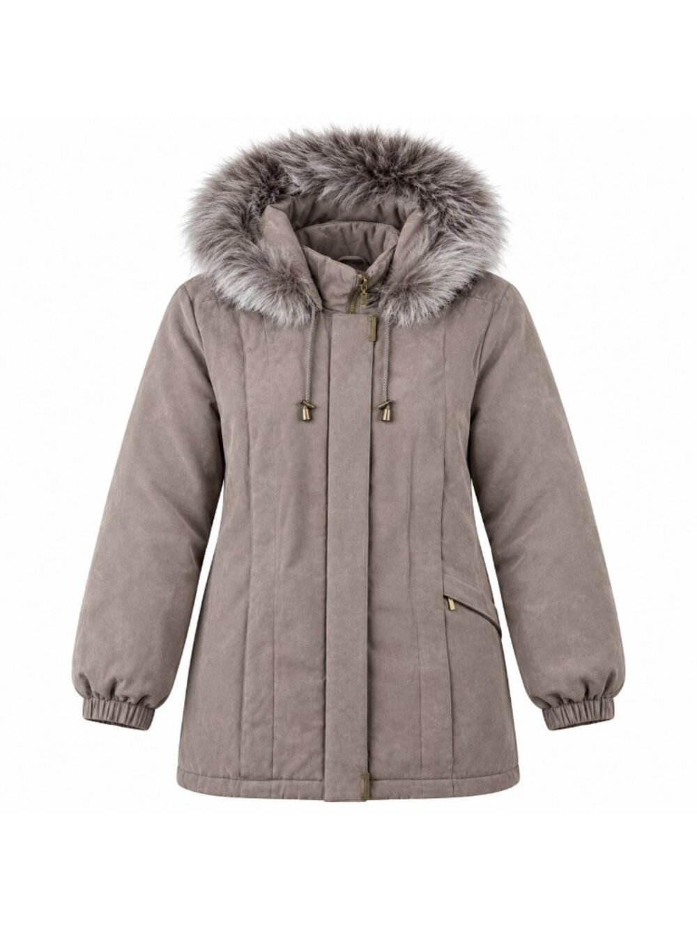 HK39 - St. John’s Bay Women’s Large Taupe Faux Suede Winter Coat Genuine Fox Fur